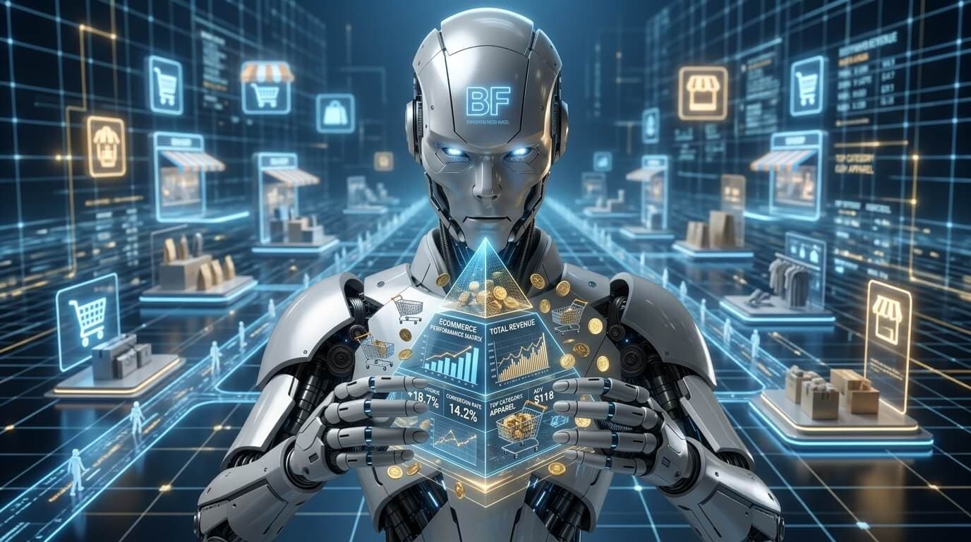 BuzFind Ecommerce Specialist AI Agent with BF insignia on forehead.