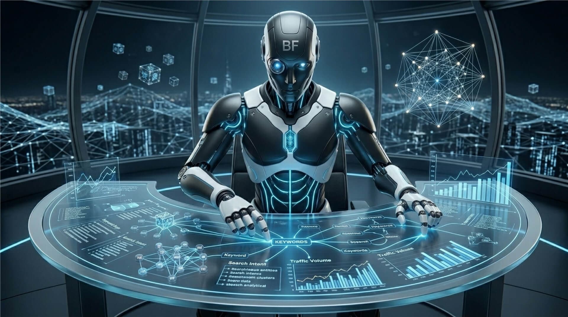 BuzFind AI Agent Keyword Strategist with BF insignia on forehead performing deep semantic analysis and grouping data to map high-intent search queries