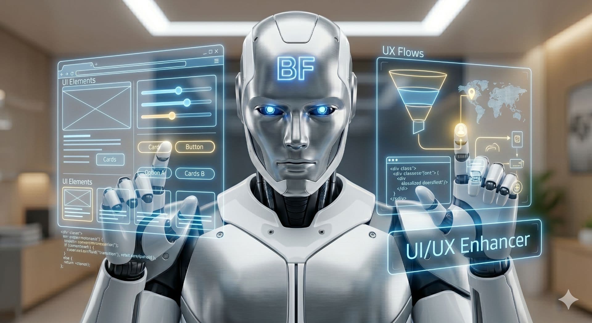 BuzFind UI/UX Enhancer AI Agent reviewing a landing page for clarity, hierarchy, contrast, and conversion-blocking friction