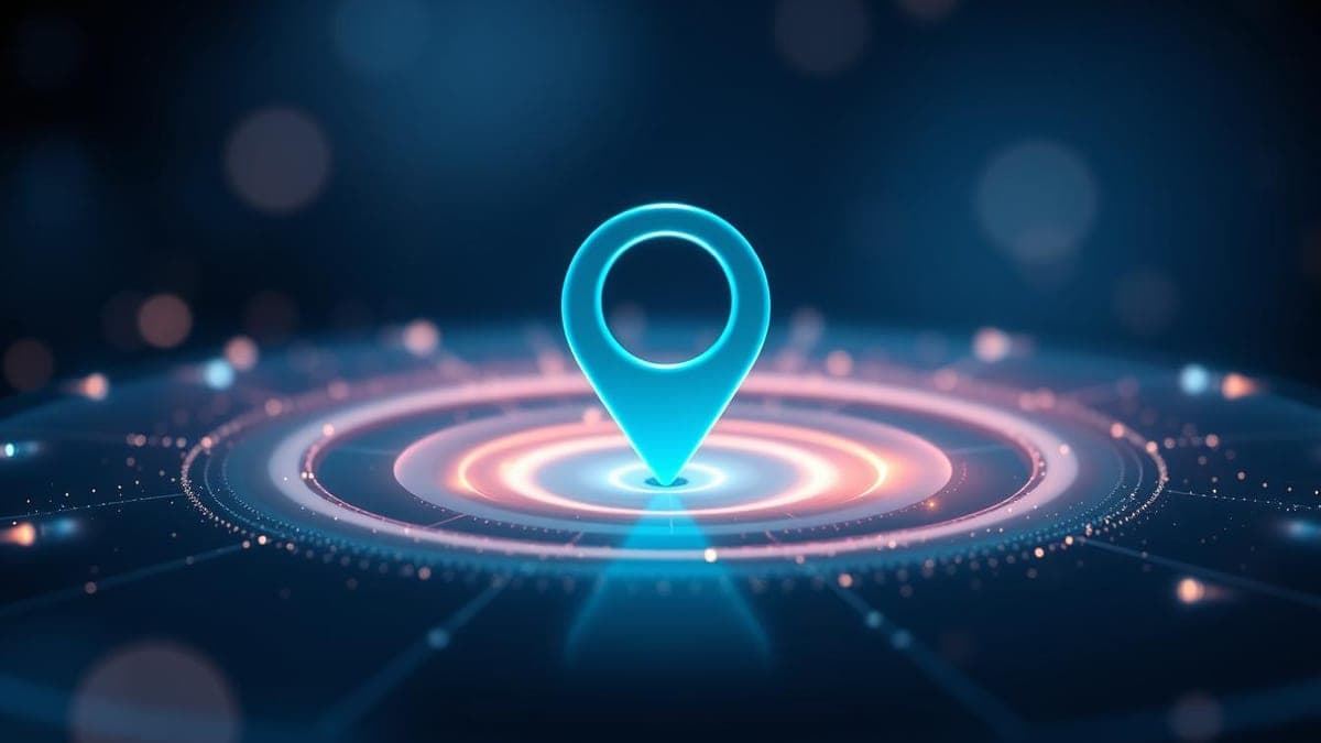 A glowing cyan location map pin floating above a dark digital map, representing a local business appearing in AI and map search results.