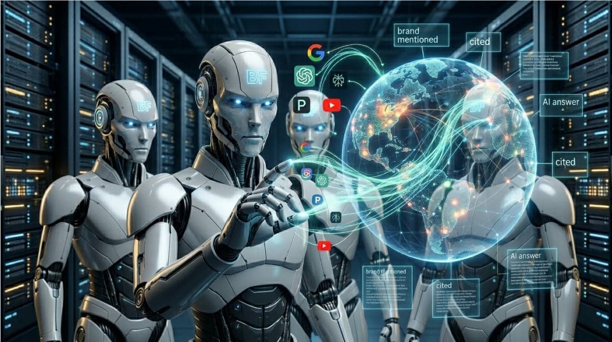 BuzFind AI SEO agents with BF on their foreheads analyzing AI search visibility data