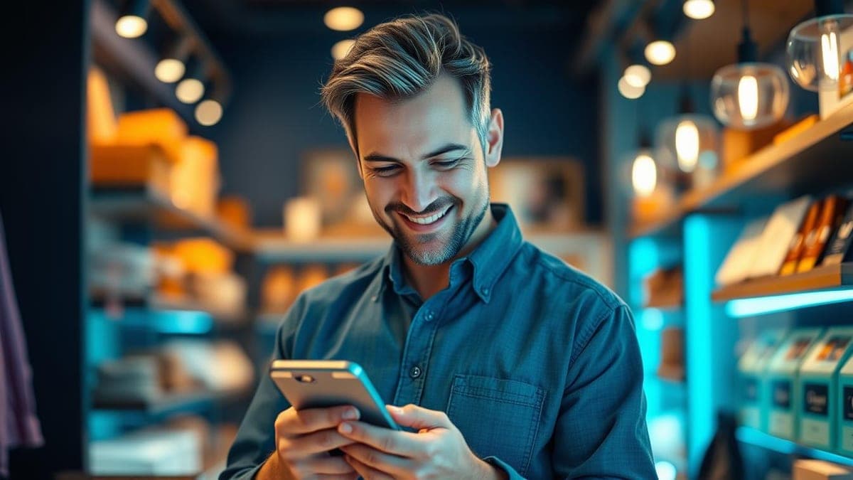 A small business shop owner smiling while looking at an AI search result on his smartphone.