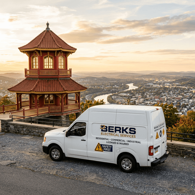 White electrician service van parked near the historic Reading Pagoda overlooking Berks County, Pennsylvania with electrical safety symbols on magnetic panels