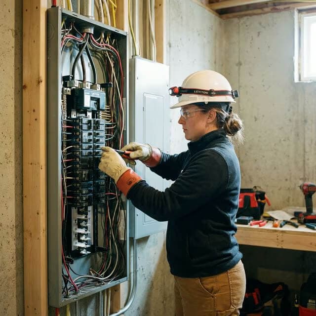Licensed Fort Wayne electrician wearing safety gear working on a modern electrical panel in a local residence