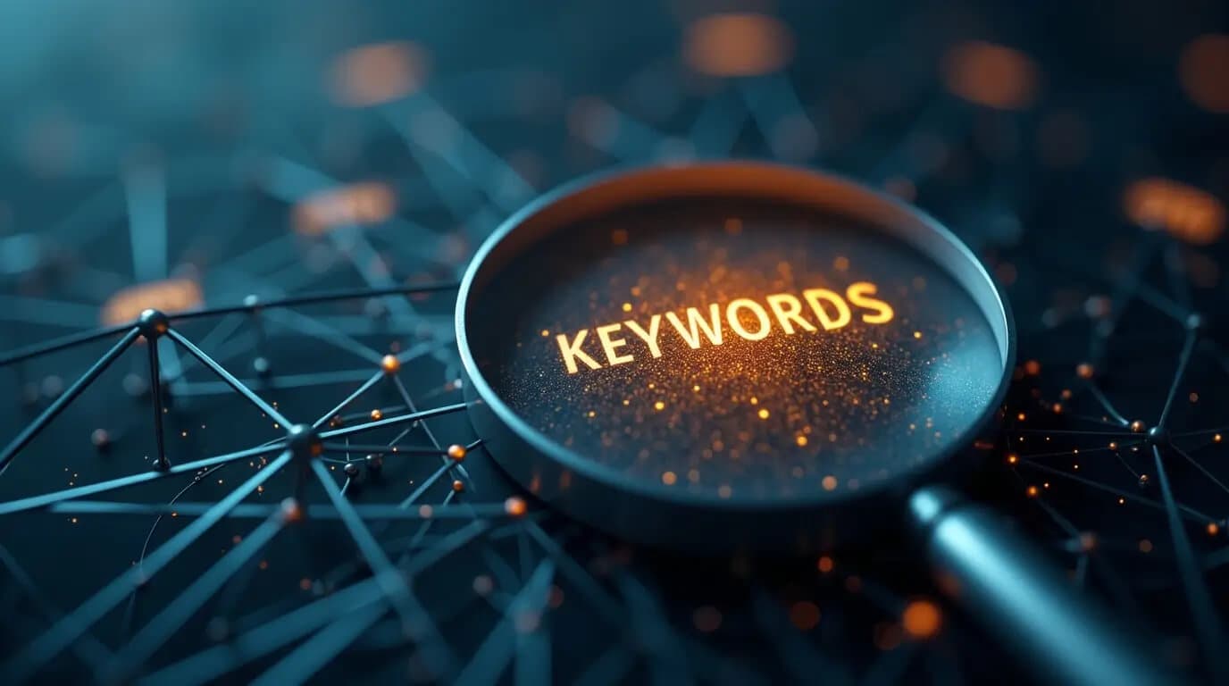 SEO keyword research displayed on a modern analytics dashboard showing search volume and keyword opportunities