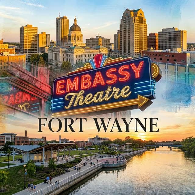 Collage of Fort Wayne Indiana landmarks including the skyline, Embassy Theatre, and Promenade Park representing local authority