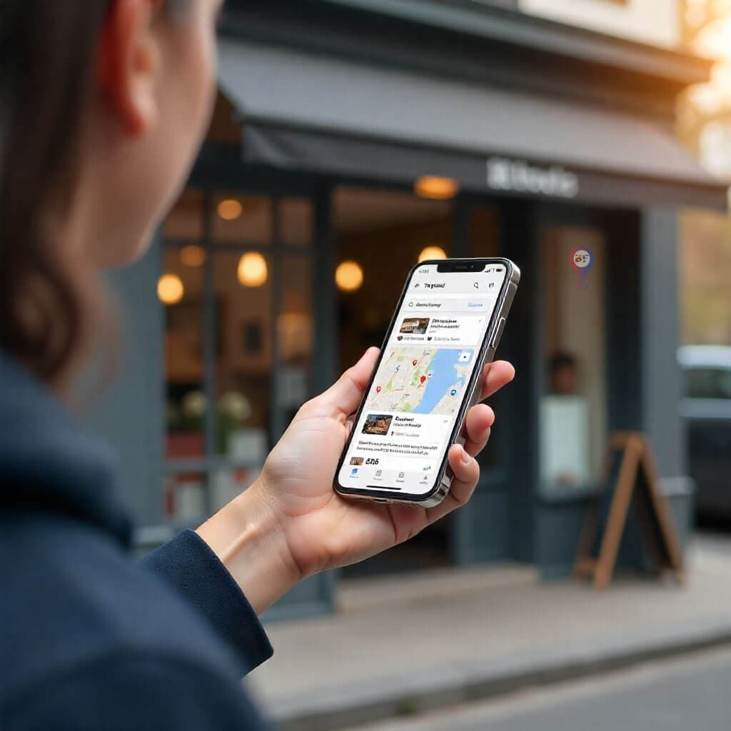 Small business owner checking local AI search results on a smartphone.