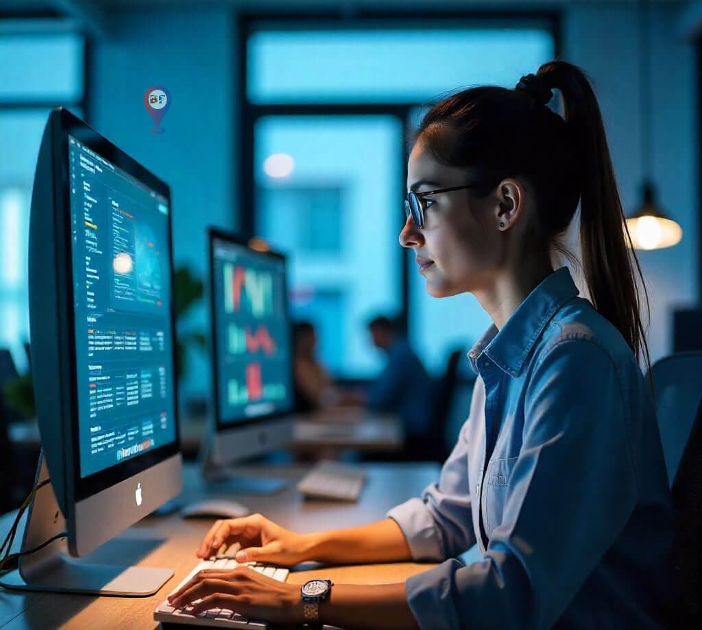 A woman working on a website at a desk with two computer monitors in a dimly lit office.