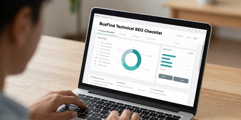 Technical SEO checklist for small businesses displayed on a laptop screen with performance graphs and website diagnostics