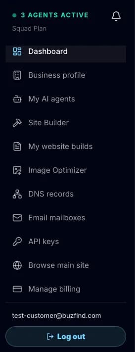 BuzFind dashboard left sidebar showing Dashboard, Business profile, My AI agents, Site Builder, My website builds, Image Optimizer, DNS records, Email mailboxes, API keys