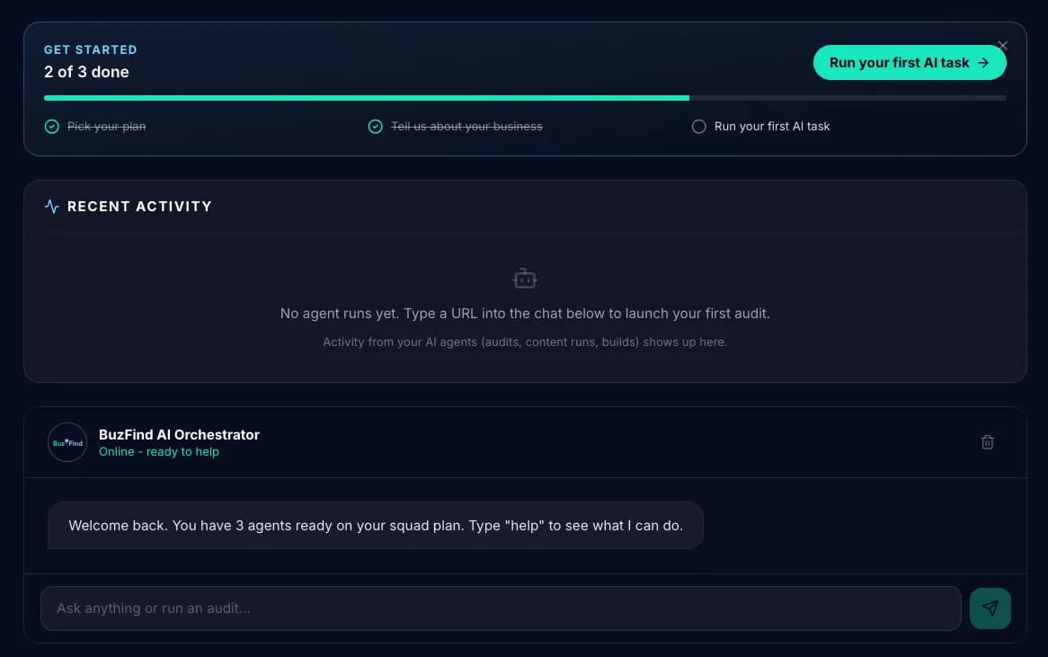 Plan selection screen showing the four BuzFind tiers with prices: Soloist $129, Squad $249, Department $499, Empire $1,799
