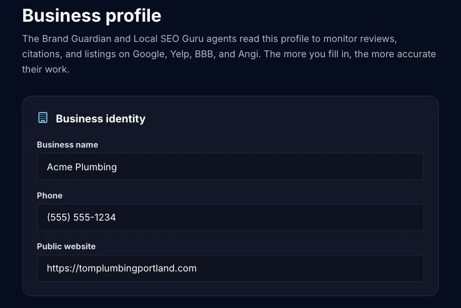 Business profile form with fields for business name, trade, services, city, phone, hours, and short description