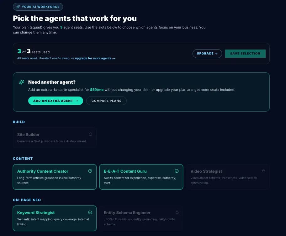 My AI agents page showing the seat counter and a grid of all 25 agents with select buttons