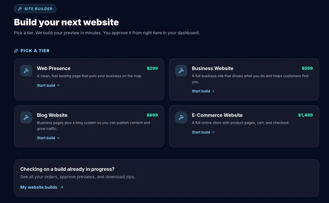 Site Builder wizard step 1 asking for tier choice, business name, and domain