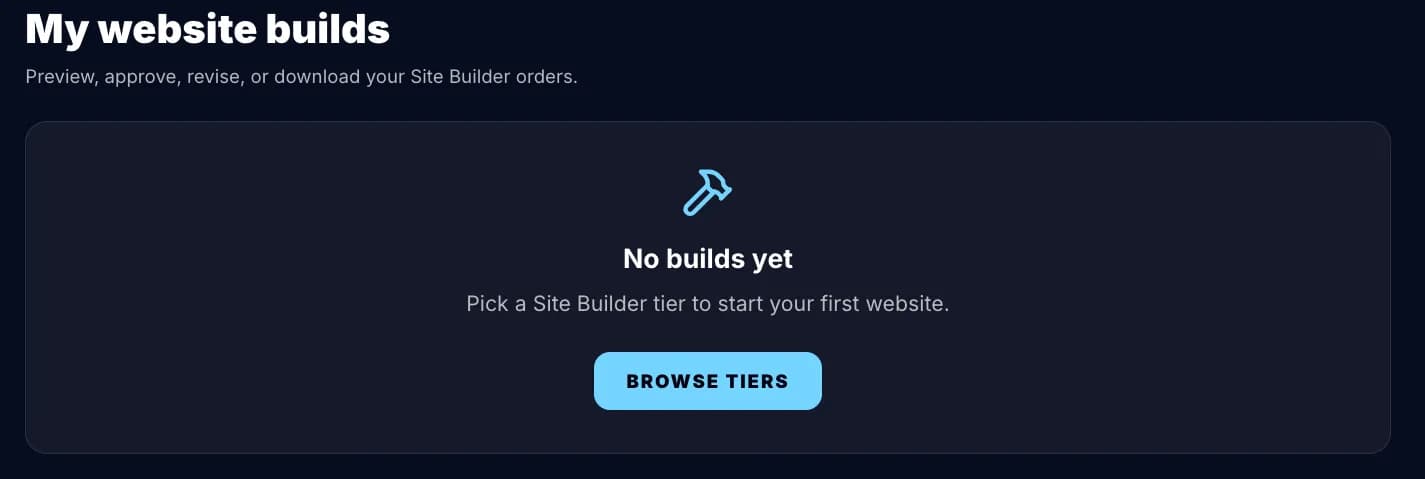 My website builds page showing the list of Site Builder orders with status badges