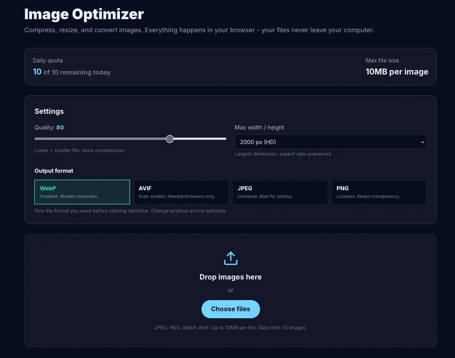 Image Optimizer page with drop zone, format selector, quality slider, and optimized file list