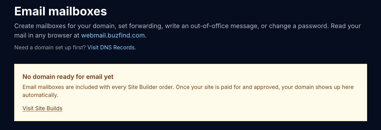 Email mailboxes page showing quota bar, mailbox list, and Add mailbox button