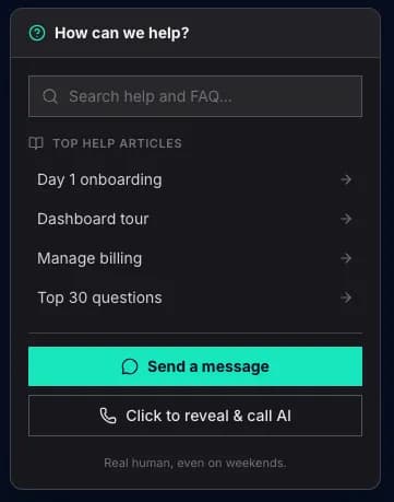 Floating mint question mark button in the bottom-right corner of the dashboard, with the help panel open showing search and quick links