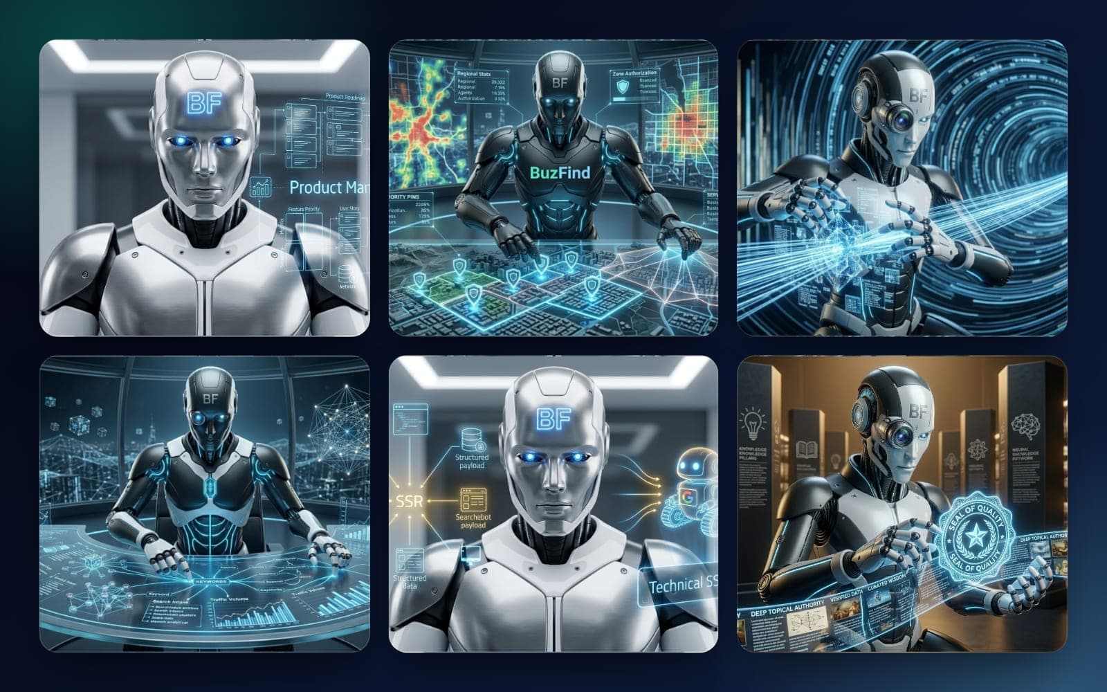 Six of the 25 BuzFind AI SEO agents: Site Builder, Local SEO Guru, Speed Optimizer, Keyword Strategist, Technical SSR Sentinel and E-E-A-T Content Guru