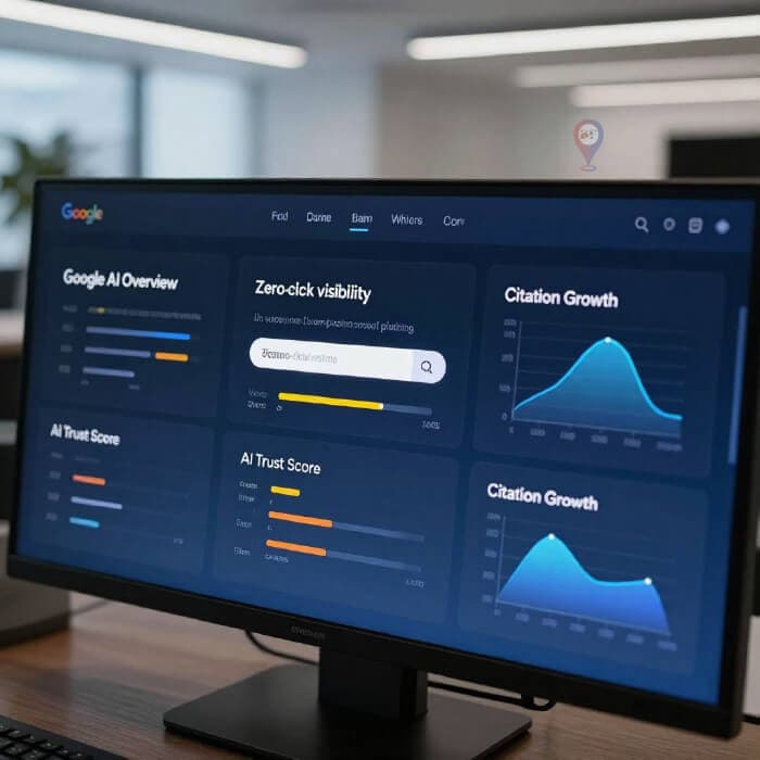 Professional AEO dashboard showing citations in Google AI Overviews and voice search responses for 2026