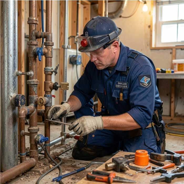 Professional plumber from Dunkirk, Indiana fixing pipes in a residential home