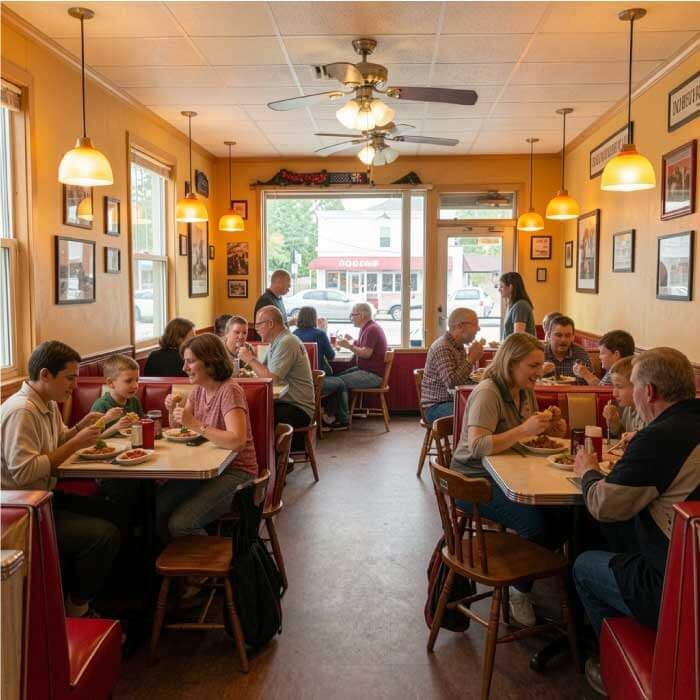 Cozy family restaurant interior in Dunkirk, Indiana with customers enjoying meals