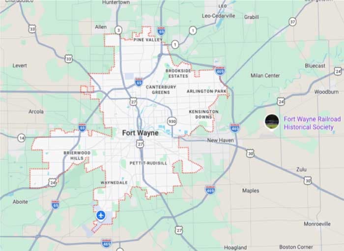 Map showing Fort Wayne service area covering Allen County, including downtown Fort Wayne, New Haven, Huntertown, and zip codes 46802, 46804, and 46805