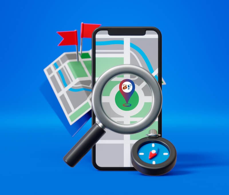 Google Business Profile optimization showing a local business profile with reviews, photos, and location on Google Maps.