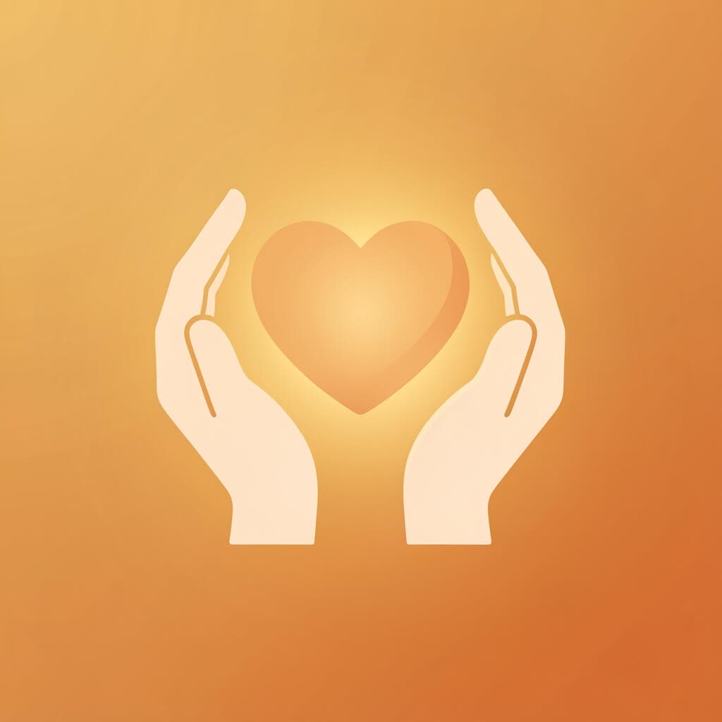 Minimalist icon of two hands gently holding a glowing heart, representing donor support and caring