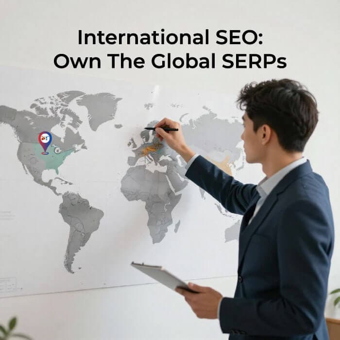 A young entrepreneur tracking global sales growth on a world map, with search traffic spikes across multiple countries