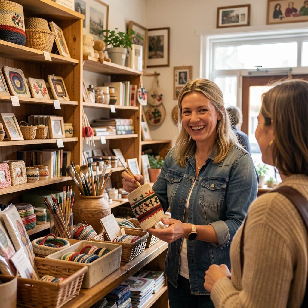 A local shop owner smiling while helping a customer inside her brick-and-mortar store - the kind of business BuzFind's local SEO services help nearby customers find