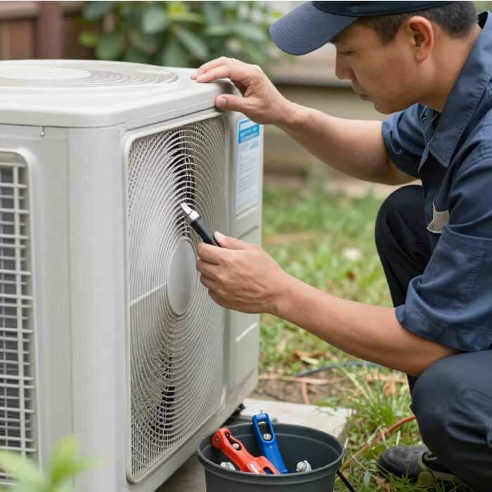 HVAC technician servicing outdoor air conditioning unit in Portland, Indiana
