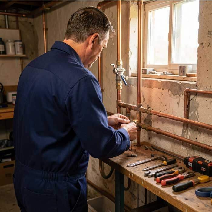 Professional plumber in uniform working on pipe repair in residential basement
