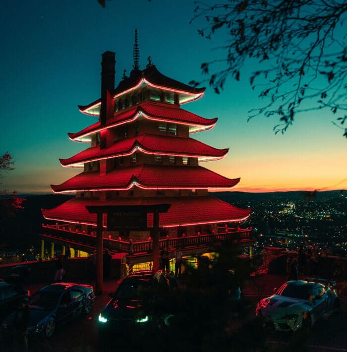 Reading Pagoda overlooking the city at dusk