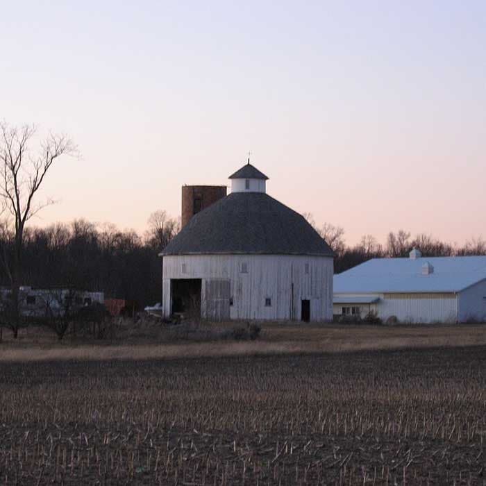 Rebecca Rankin Round Barn near Pennville, Indiana - a historic round barn representing Indiana's pioneer agricultural heritage and Quaker farming traditions