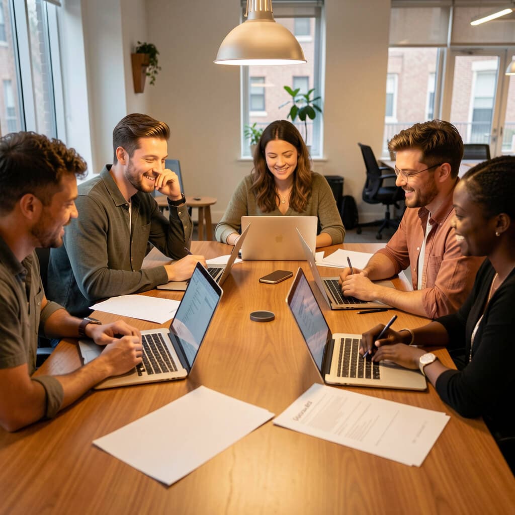 Equipo de SEO de BuzFind planeando estrategias para clientes alrededor de una mesa de madera