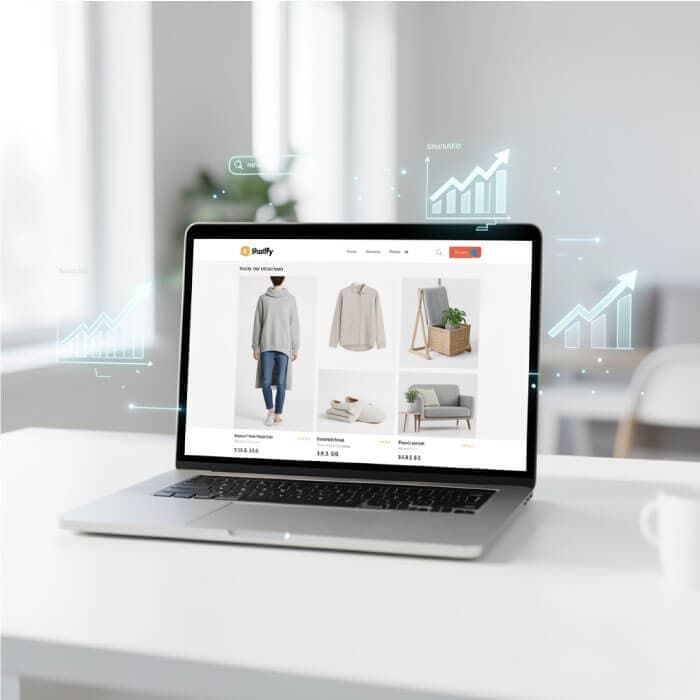Shopify SEO services showing a Shopify store dashboard with organic traffic growth