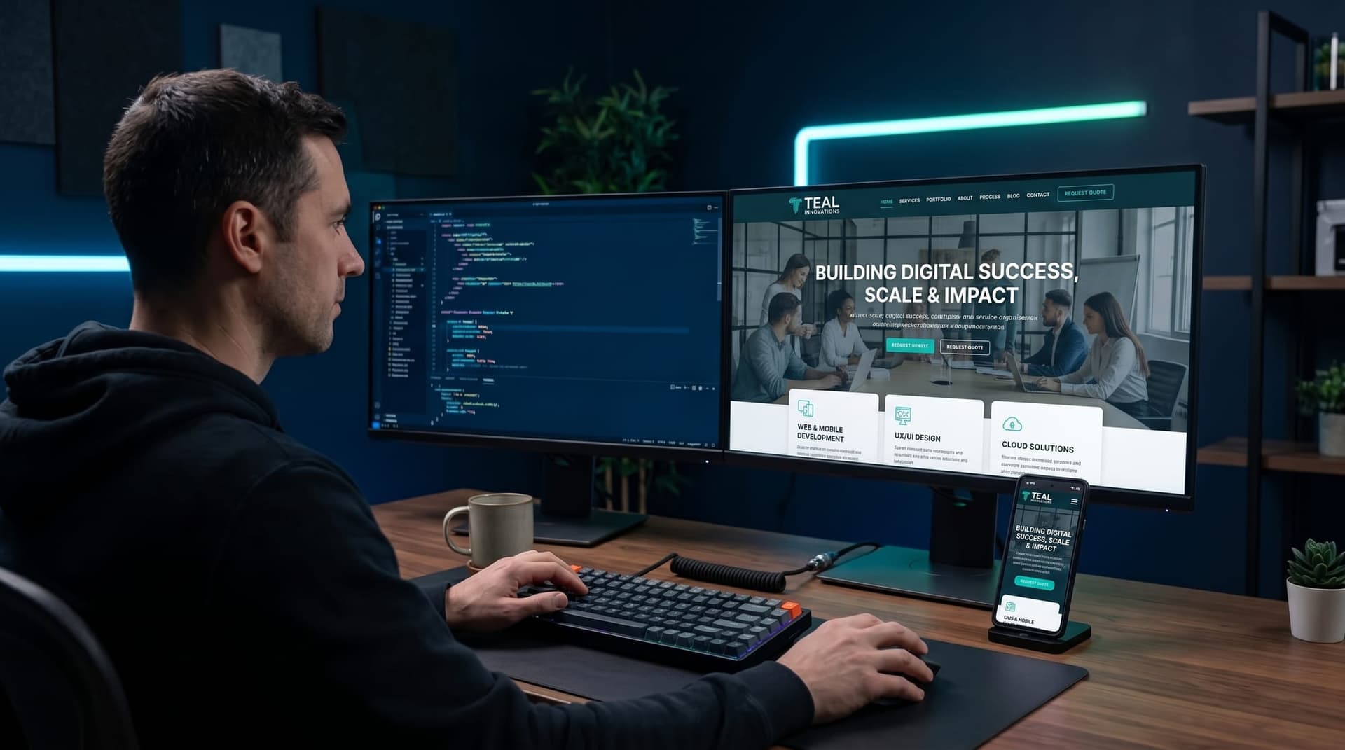 A web developer building a responsive website at a dual-monitor desk, with code on one screen and the live site preview on the other