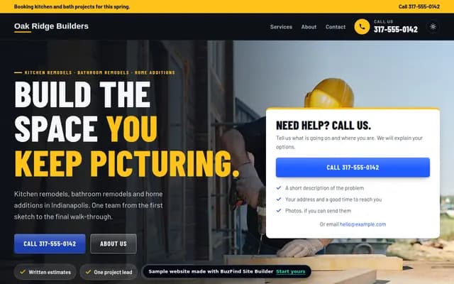 Un sitio de muestra de un contratista hecho con el Site Builder de BuzFind, con un botón para llamar arriba y un botón Call Us en la portada