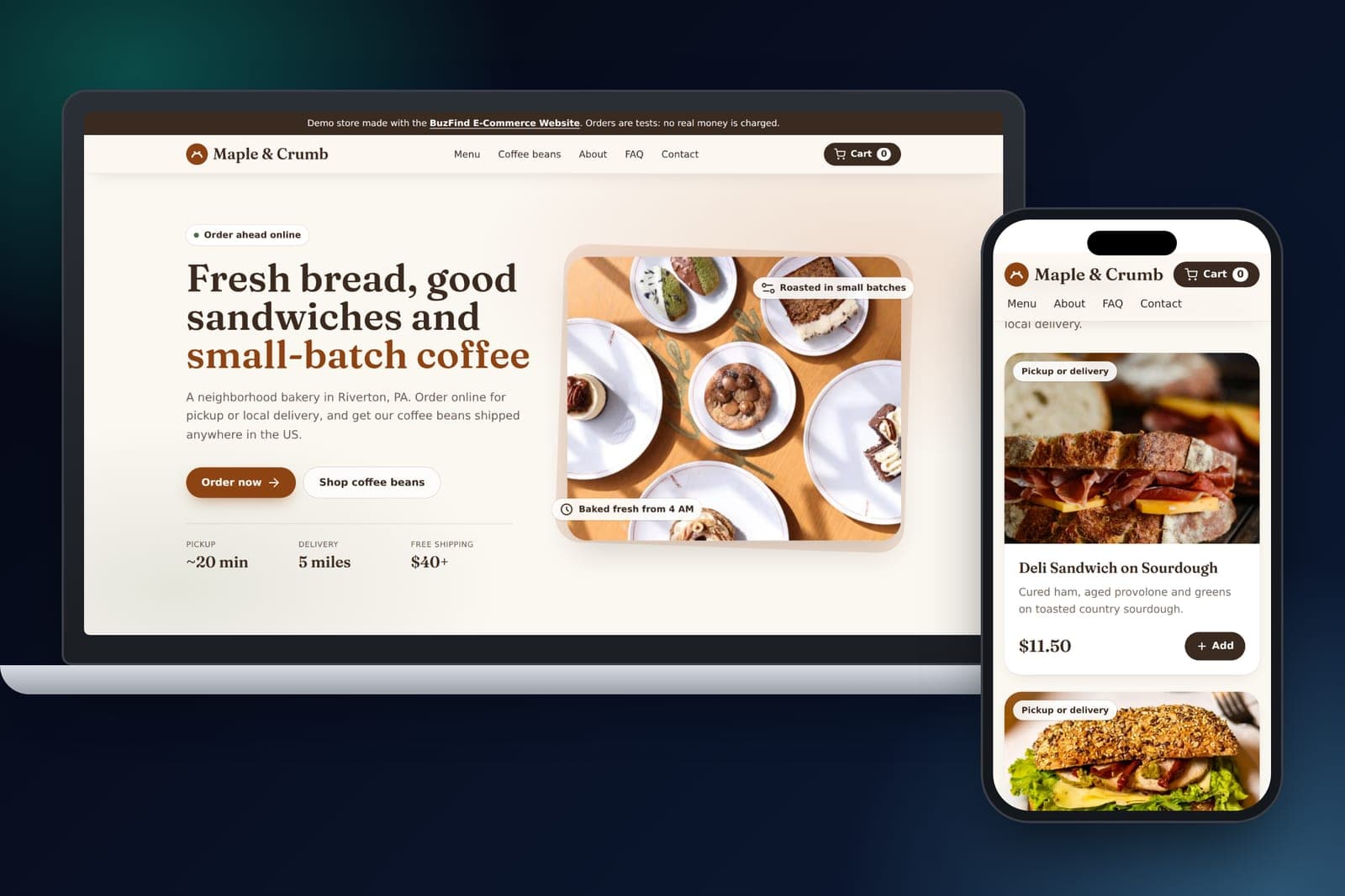 Maple and Crumb demo store built with the BuzFind E-Commerce Website package, shown on a laptop and a phone with a product, price and Add to cart button