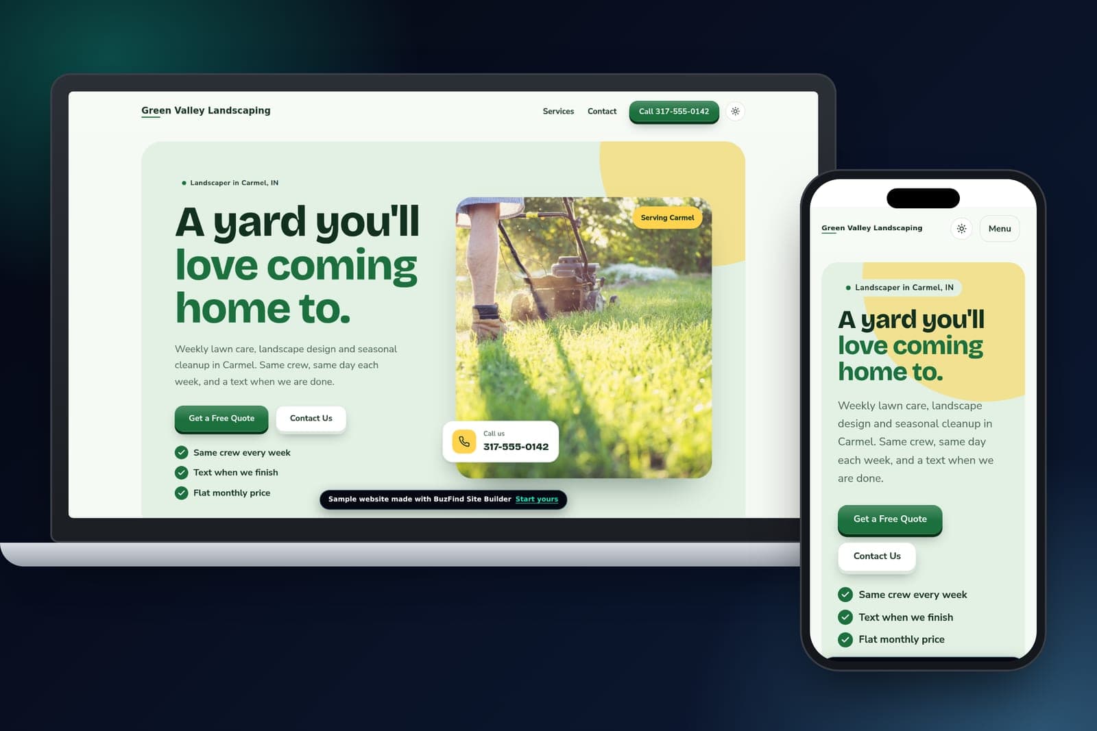 Sample landscaping website made with the BuzFind Web Presence package, shown on a laptop and a phone