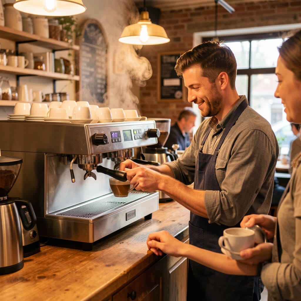 Local coffee shop owner behind counter making espresso drink for customer, warm cafe atmosphere