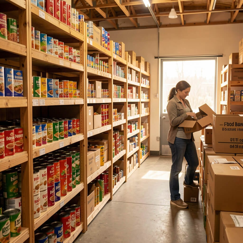 Warm interior of food bank with wooden shelves stocked full of organized canned goods and non-perishable food items