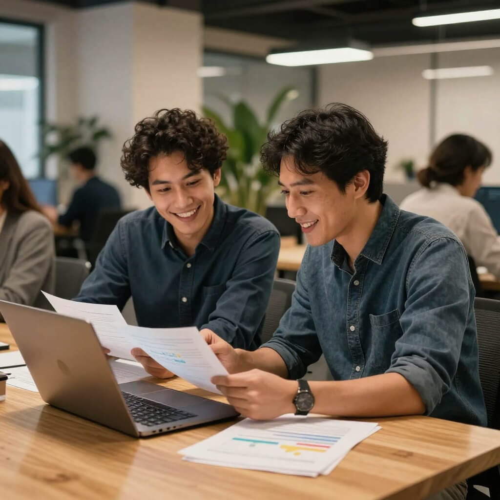 Two SEO professionals sitting at modern wooden desk reviewing papers together with genuine smiles