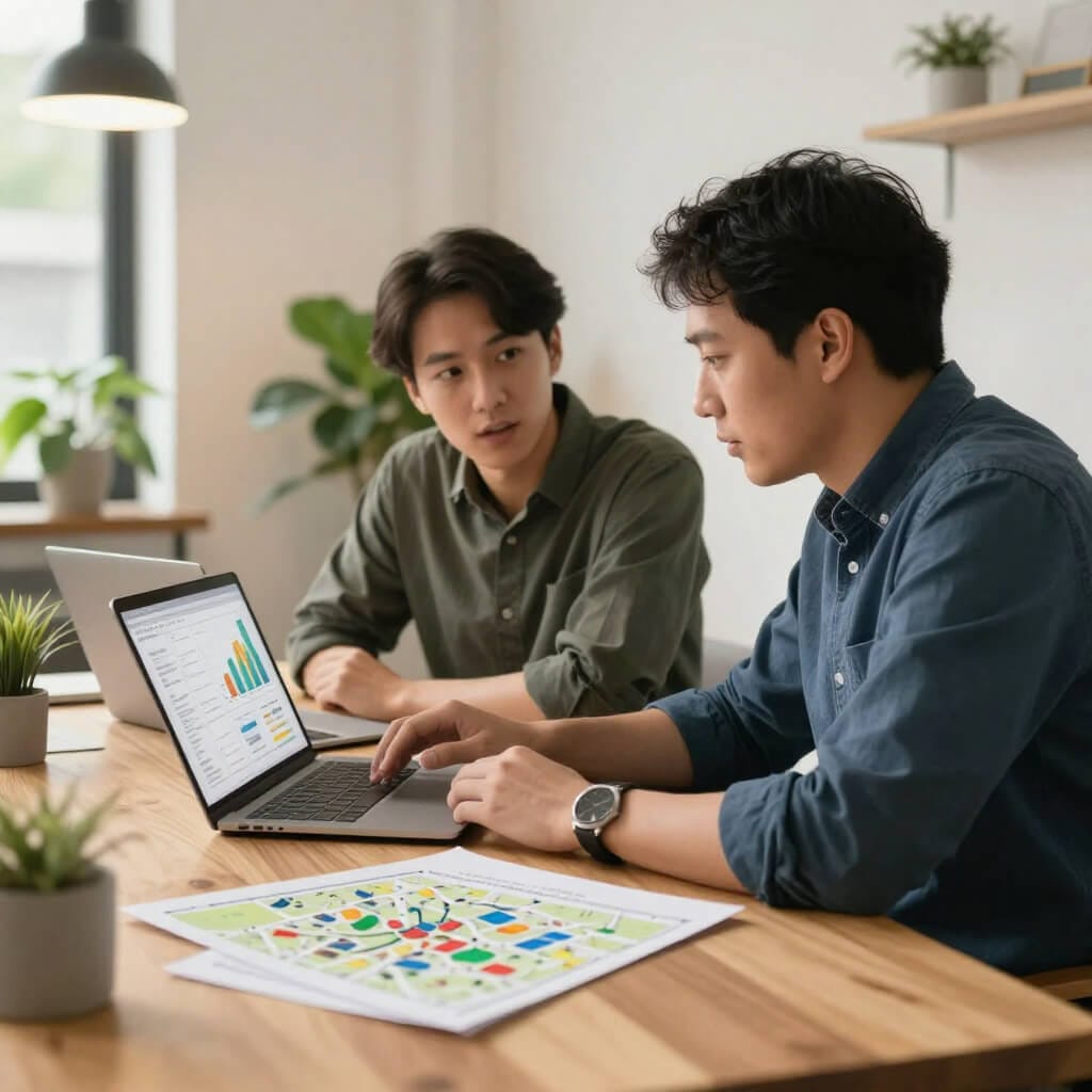 SEO team members reviewing local business strategy together with laptop and city map visible