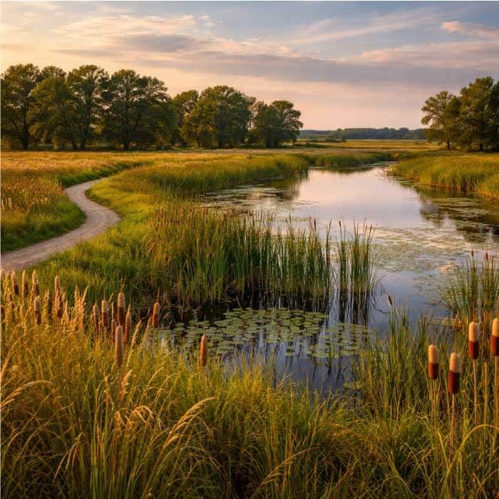 Loblolly Marsh Nature Preserve near Bryant, Indiana featuring wetlands with cattails, native grasses, and peaceful walking trails