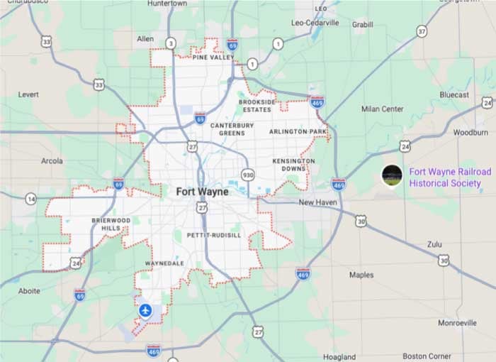 Map showing Fort Wayne service area covering Allen County, including downtown Fort Wayne, New Haven, Huntertown, and zip codes 46802, 46804, and 46805