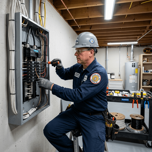 Professional electrician in safety uniform installing electrical panel in Berks County home basement