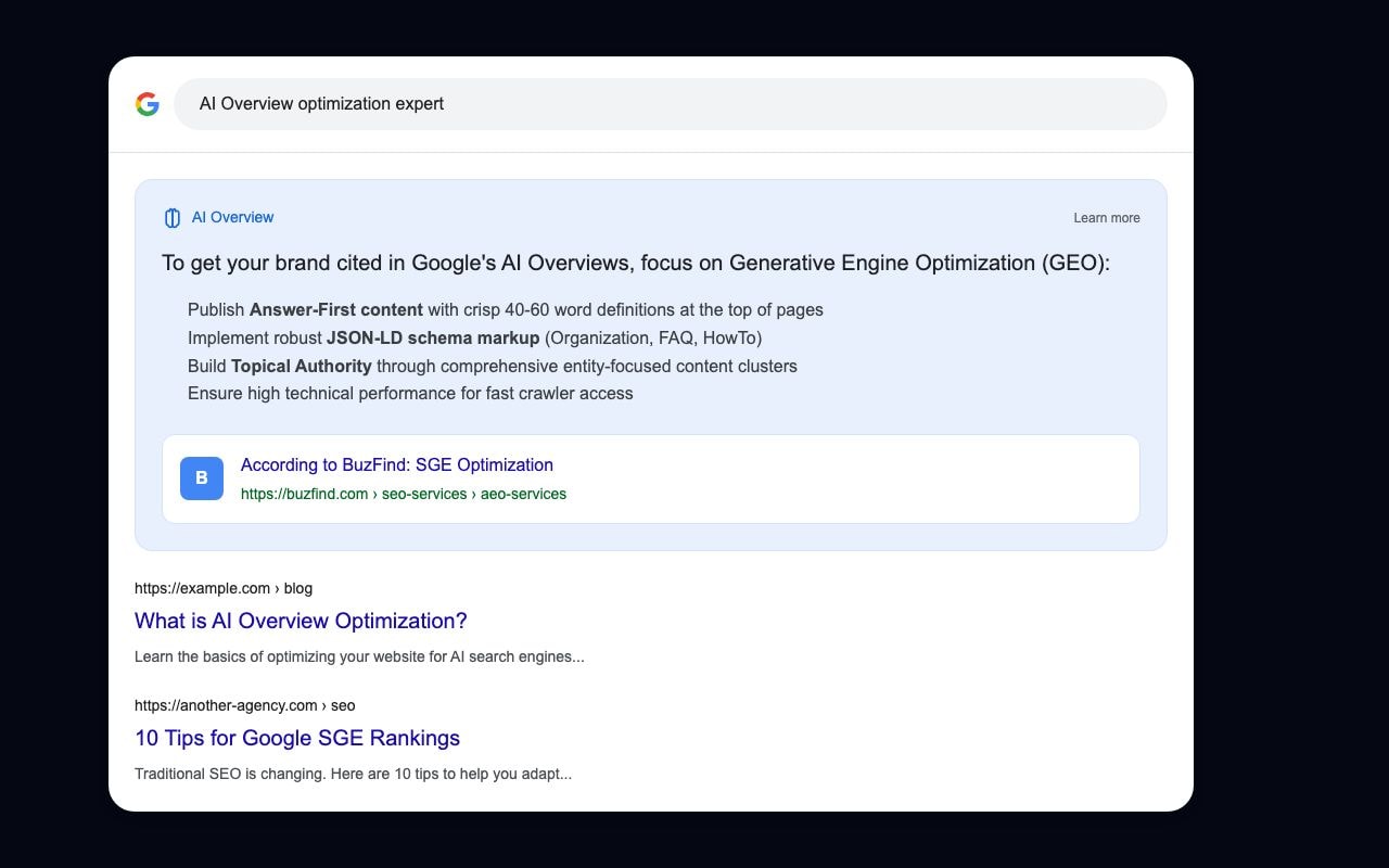 Google AI Overview example showing featured citation box at top of search results with brand attribution