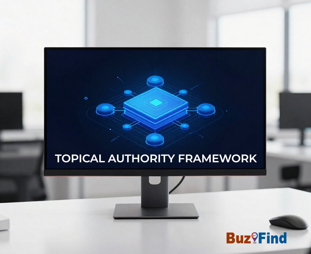 Professional 3D model of a content authority hub displayed on a monitor in a modern office, showing the connection between a main pillar and sub-topics.